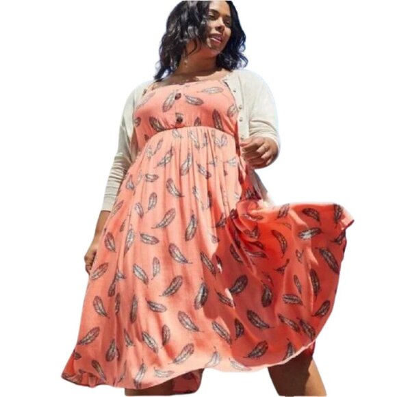 Women's Plus 5 Torrid Cross Hatch Pinafore Midi Dress Feather Coral Prairie - Picture 1 of 9